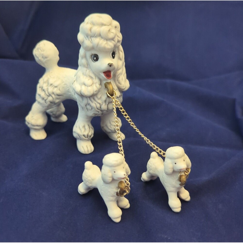 Vintage White Ceramic Poodle with 2 Puppies On Chain Figurine Taiwan